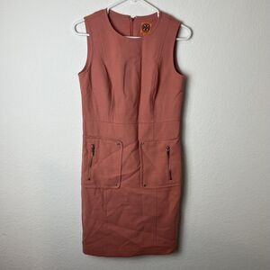 Tory Burch Dress Womens 4 Pink Wool Blend Sheath Sleeveless Zip Pockets Utility